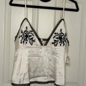 Free People Satin White Camisole with Black Embroidery